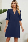 Solid color V-neck loose pleated five quarter sleeve dress for women - V.I.P Digital Presence