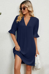 Solid color V-neck loose pleated five quarter sleeve dress for women - V.I.P Digital Presence