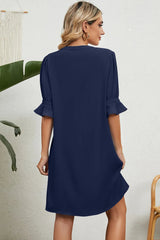 Solid color V-neck loose pleated five quarter sleeve dress for women - V.I.P Digital Presence