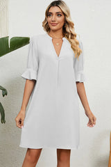 Solid color V-neck loose pleated five quarter sleeve dress for women - V.I.P Digital Presence
