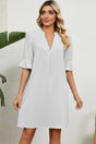 Solid color V-neck loose pleated five quarter sleeve dress for women - V.I.P Digital Presence