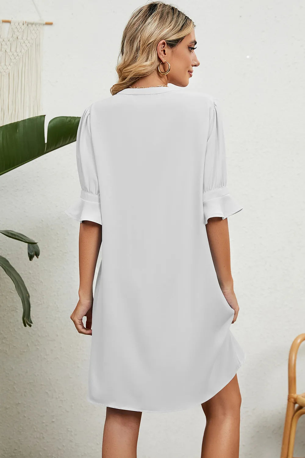 Solid color V-neck loose pleated five quarter sleeve dress for women - V.I.P Digital Presence