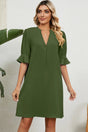 Solid color V-neck loose pleated five quarter sleeve dress for women - V.I.P Digital Presence