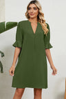 Solid color V-neck loose pleated five quarter sleeve dress for women - V.I.P Digital Presence