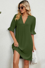 Solid color V-neck loose pleated five quarter sleeve dress for women - V.I.P Digital Presence