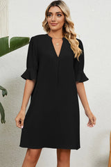 Solid color V-neck loose pleated five quarter sleeve dress for women - V.I.P Digital Presence