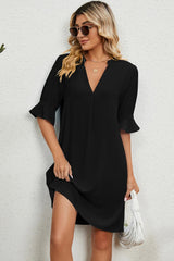 Solid color V-neck loose pleated five quarter sleeve dress for women - V.I.P Digital Presence