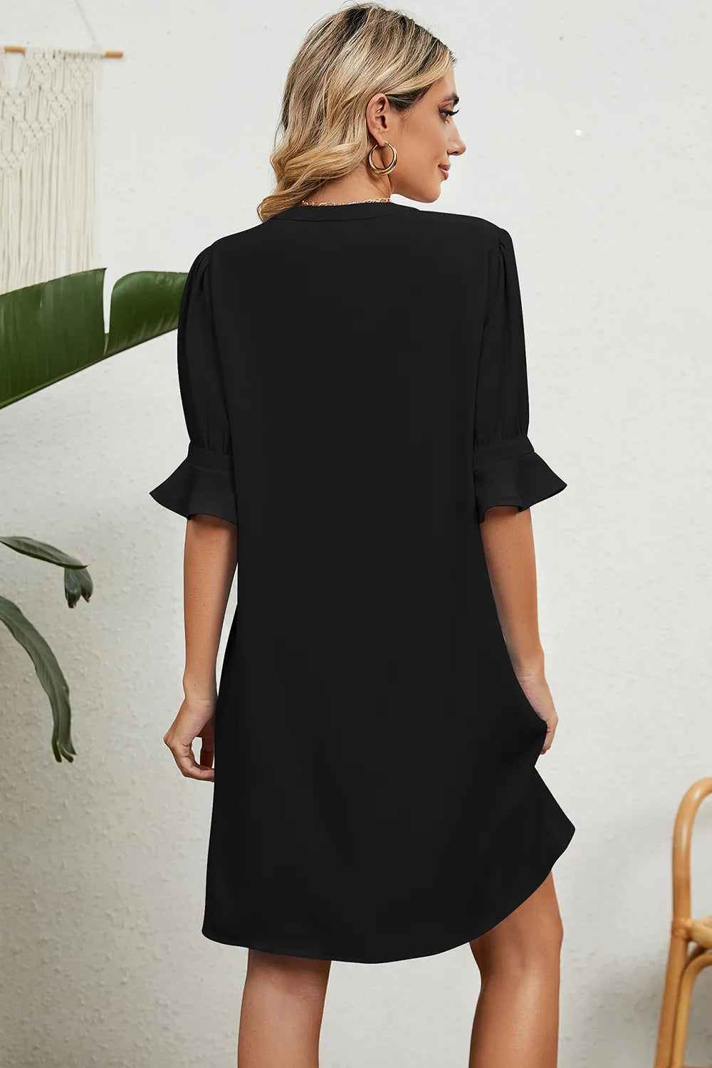 Solid color V-neck loose pleated five quarter sleeve dress for women - V.I.P Digital Presence