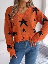 Star Pattern Distressed V-Neck Cropped Sweater - V.I.P Digital Presence