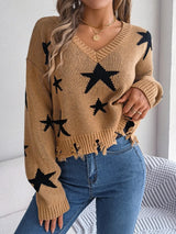 Star Pattern Distressed V-Neck Cropped Sweater - V.I.P Digital Presence