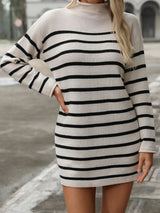 Striped Mock Neck Long Sleeve Mini Dress - V.I.P Digital Presence