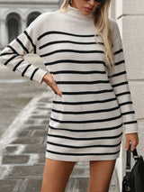 Striped Mock Neck Long Sleeve Mini Dress - V.I.P Digital Presence