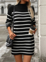 Striped Mock Neck Long Sleeve Mini Dress - V.I.P Digital Presence