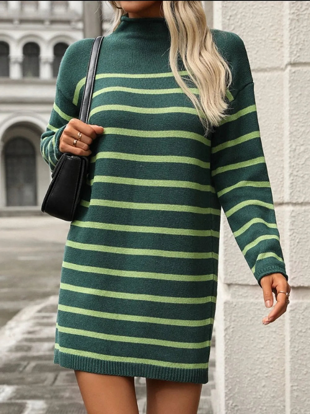 Striped Mock Neck Long Sleeve Mini Dress - V.I.P Digital Presence