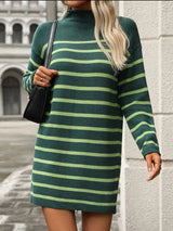Striped Mock Neck Long Sleeve Mini Dress - V.I.P Digital Presence