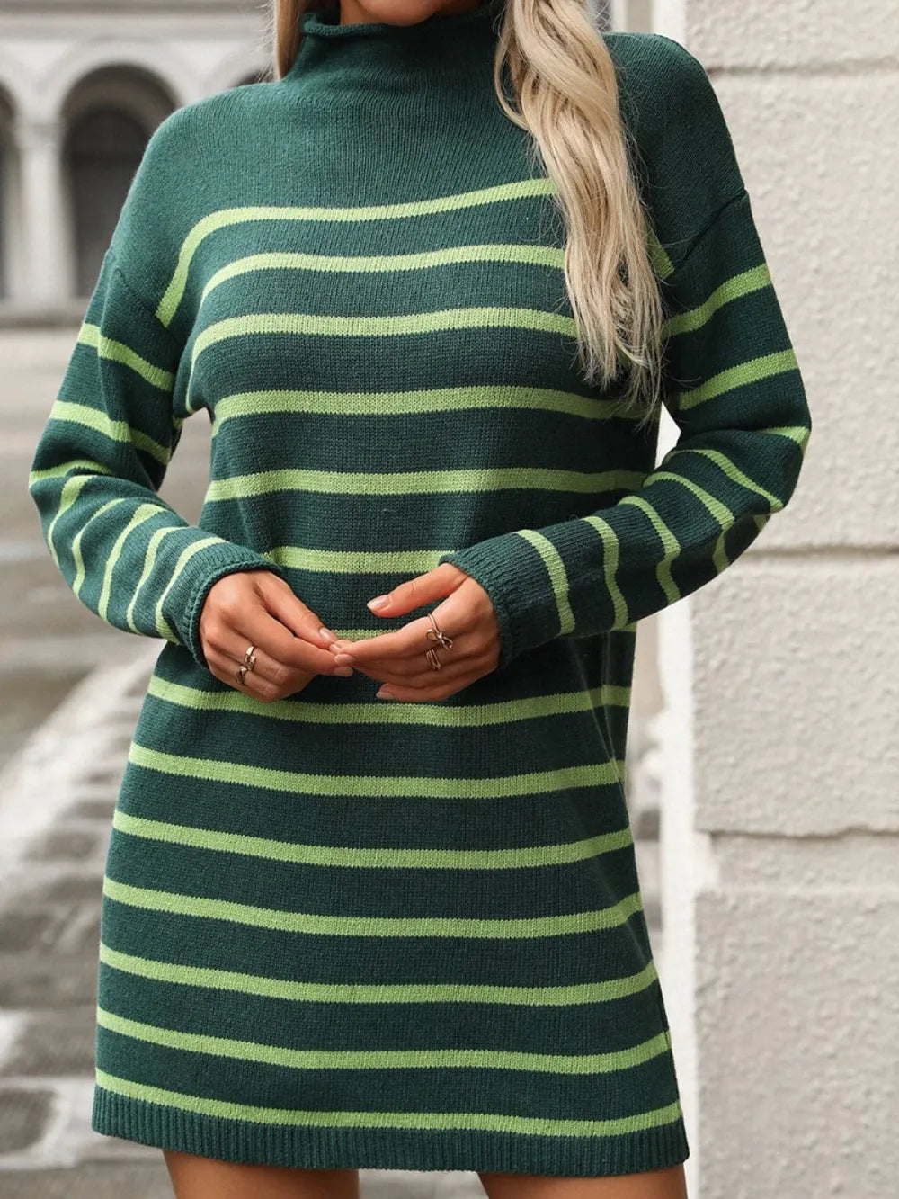 Striped Mock Neck Long Sleeve Mini Dress - V.I.P Digital Presence
