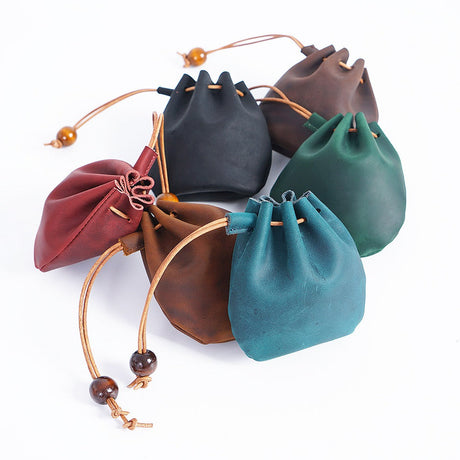 Top layer cowhide drawstring zero wallet Vintage leather coin bag Storage bag Bundle pocket bag Casual handheld small wallet - V.I.P Digital Presence