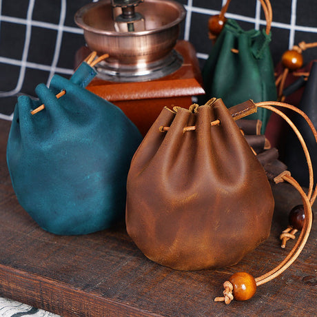 Top layer cowhide drawstring zero wallet Vintage leather coin bag Storage bag Bundle pocket bag Casual handheld small wallet - V.I.P Digital Presence