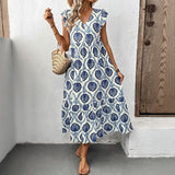 Vacation style loose deep V-neck printed long dress - V.I.P Digital Presence
