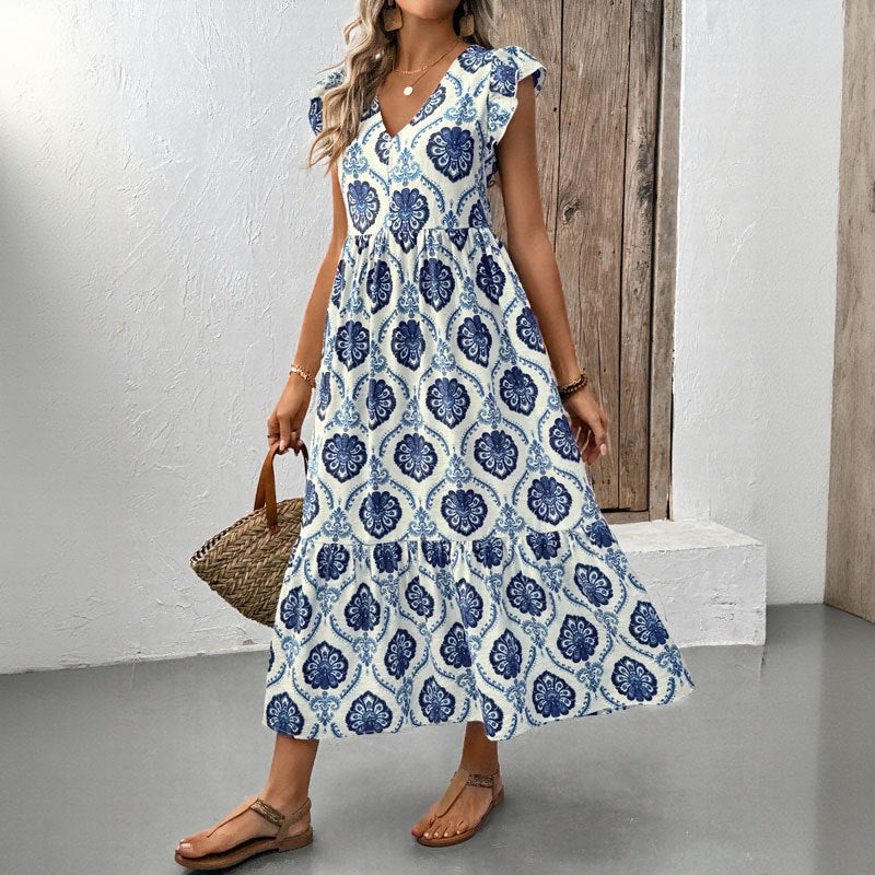 Vacation style loose deep V-neck printed long dress - V.I.P Digital Presence