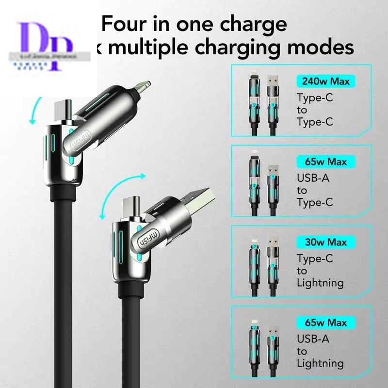 Usb、Type C, Lightning-Max 240W Fast Charging and Data Sync  4-In-1 Multi-Function USB Charging Cable for Iphone 16/15, Ipad