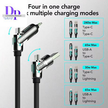 Usb、Type C, Lightning-Max 240W Fast Charging and Data Sync  4-In-1 Multi-Function USB Charging Cable for Iphone 16/15, Ipad