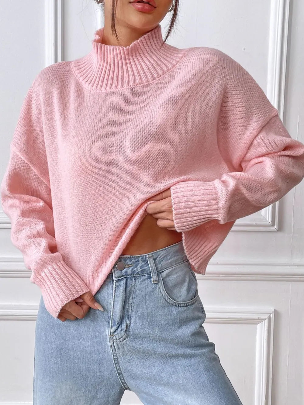 Women's autumn and winter high neck pullover sweater solid color loose casual base sweater - V.I.P Digital Presence
