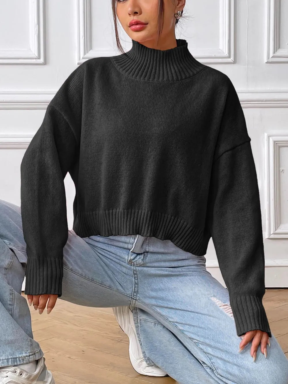 Women's autumn and winter high neck pullover sweater solid color loose casual base sweater - V.I.P Digital Presence