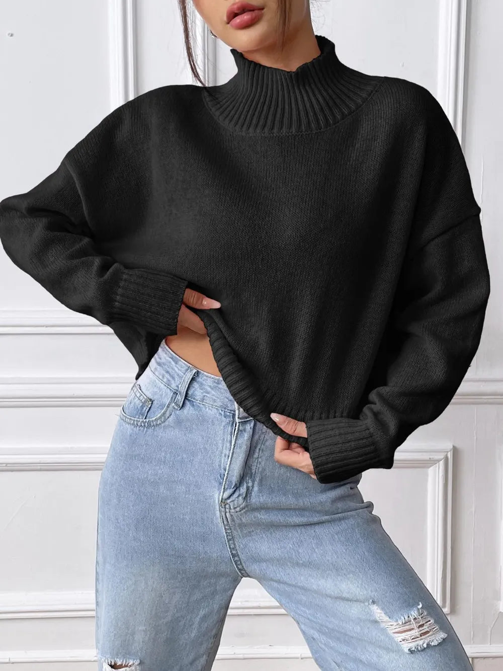 Women's autumn and winter high neck pullover sweater solid color loose casual base sweater - V.I.P Digital Presence